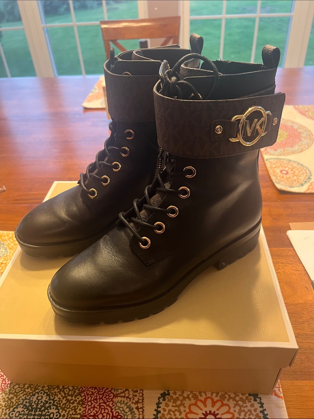 Michael Kors Black Leather Lace-Up Ankle Boots with Logo Cuff
